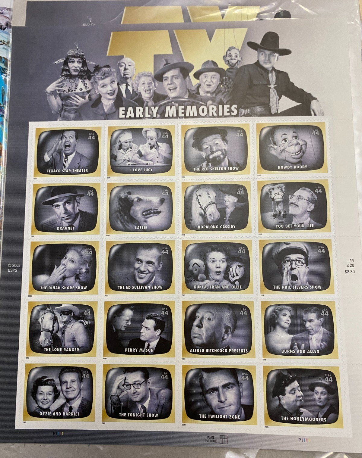 US Scott #4414a-t, 44c, Early TV Memories MNH Sheet of 20 Se Tenant Stamps