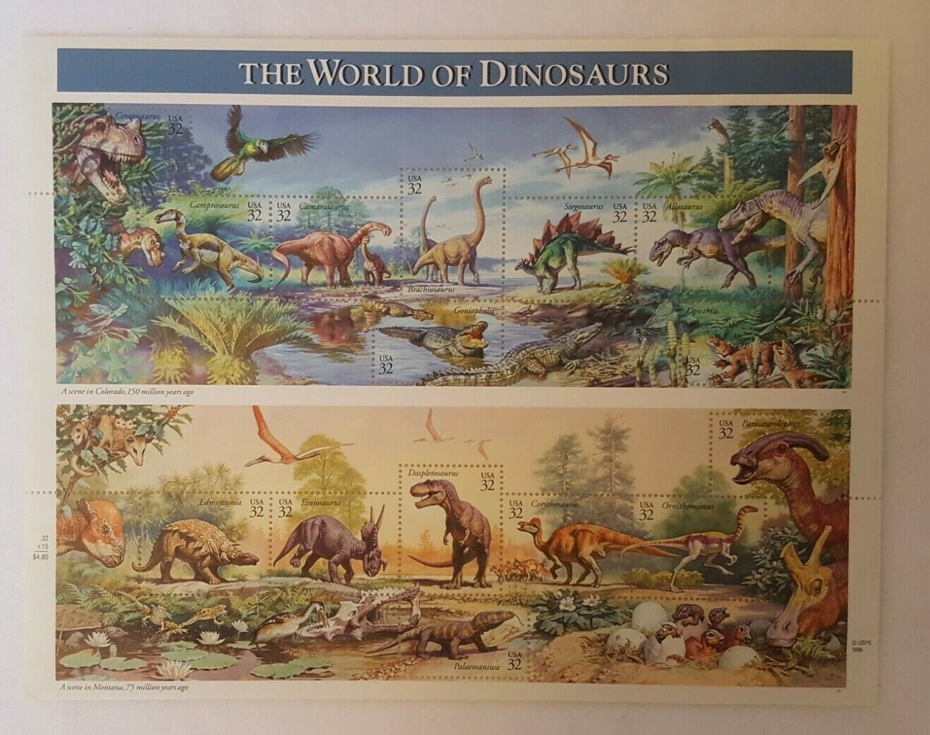 World of Dinosaur Scene Page of Stamps (15 stamps) Collectors USA 1996