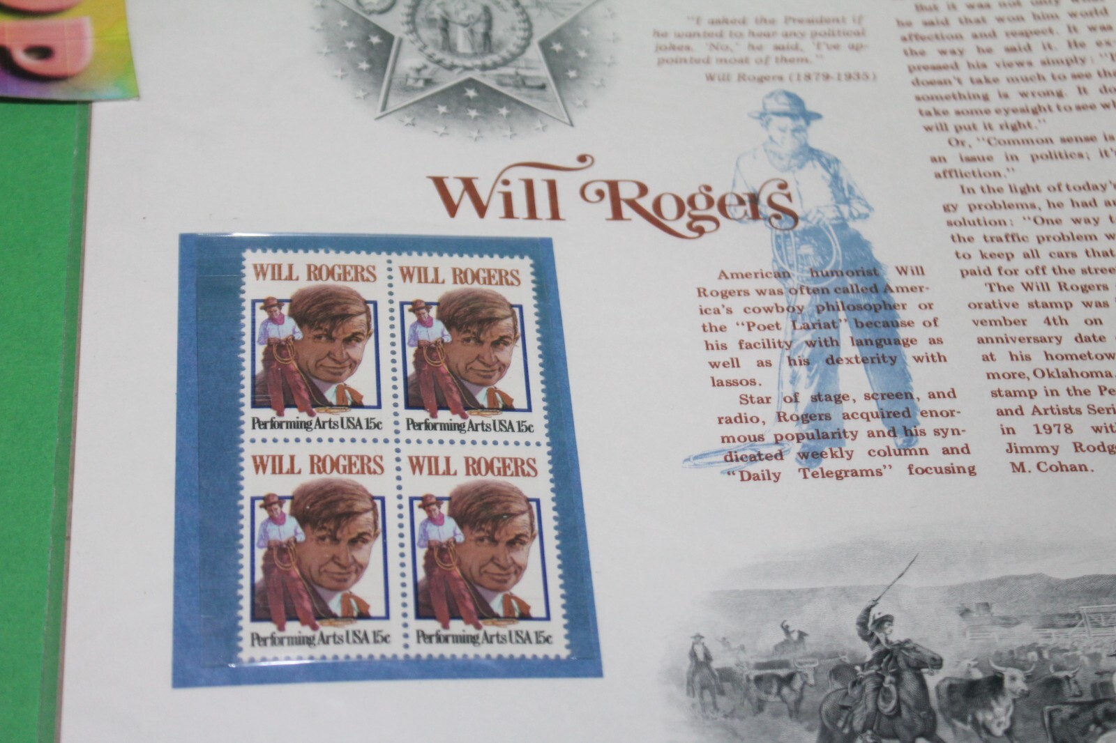 American Commemoratives Will Rogers USPS Stamps Panel Sheet 119 Nov 4 1979