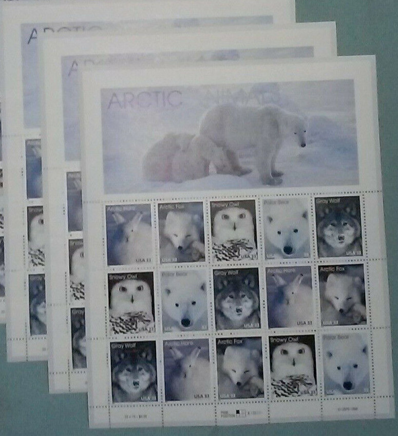 Four Souvenir Sheets x 15 = 60 of ARCTIC ANIMALS 33¢ US Stamps. USA Sc 3288-3292