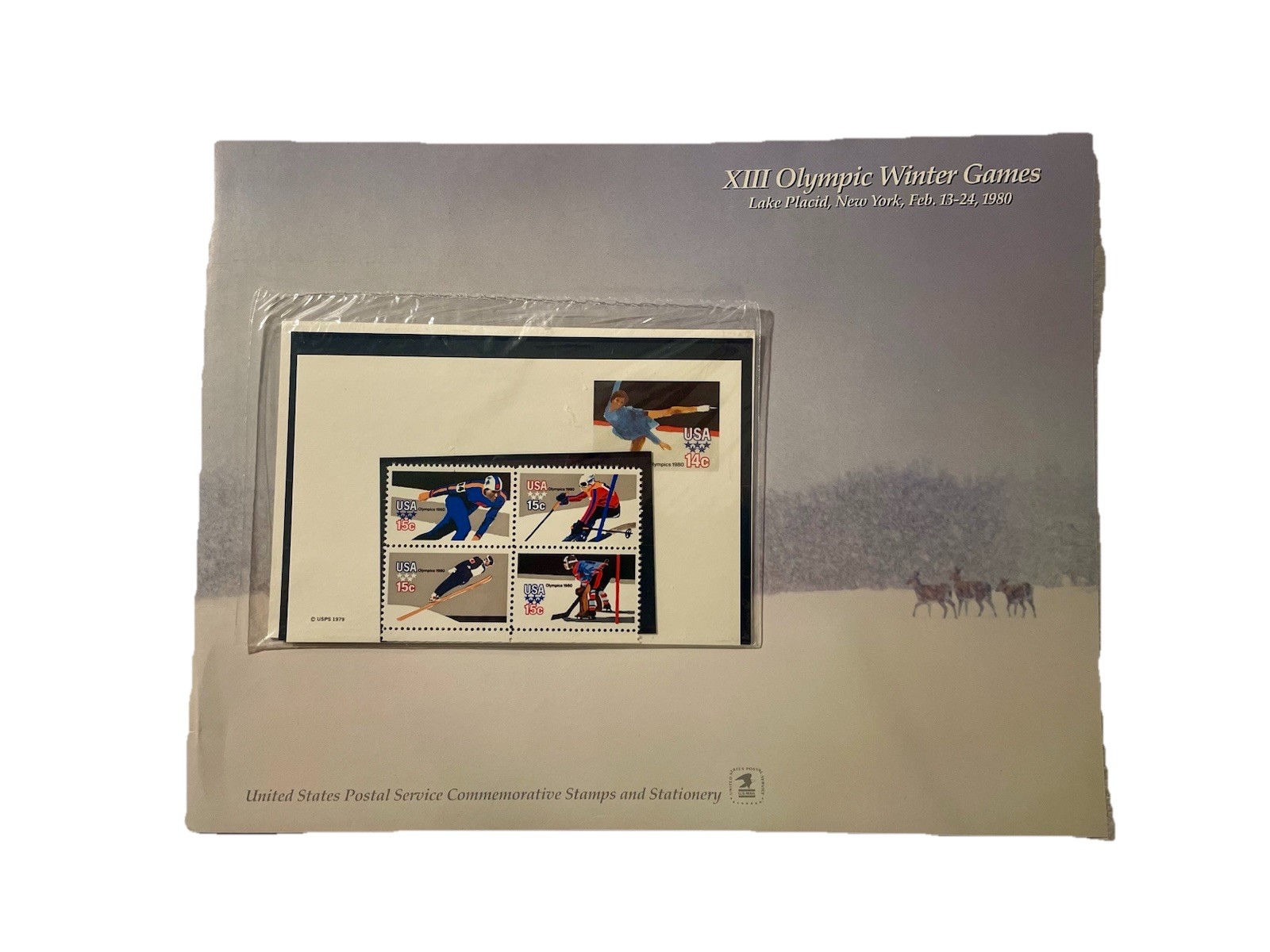 XIII Winter Olympic Games 2/13-2/14/1980 Souvenir Folder, Post Card and 4 Stamps