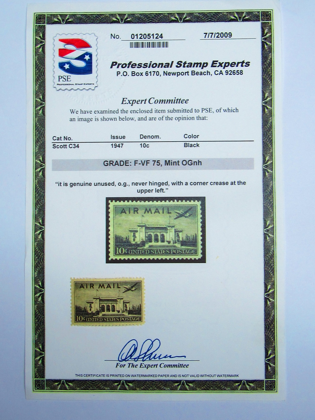 COOL PSE Certified Stamp! 1947 U.S. POSTAGE Air Mail 10¢ Stamps STP-138-IB