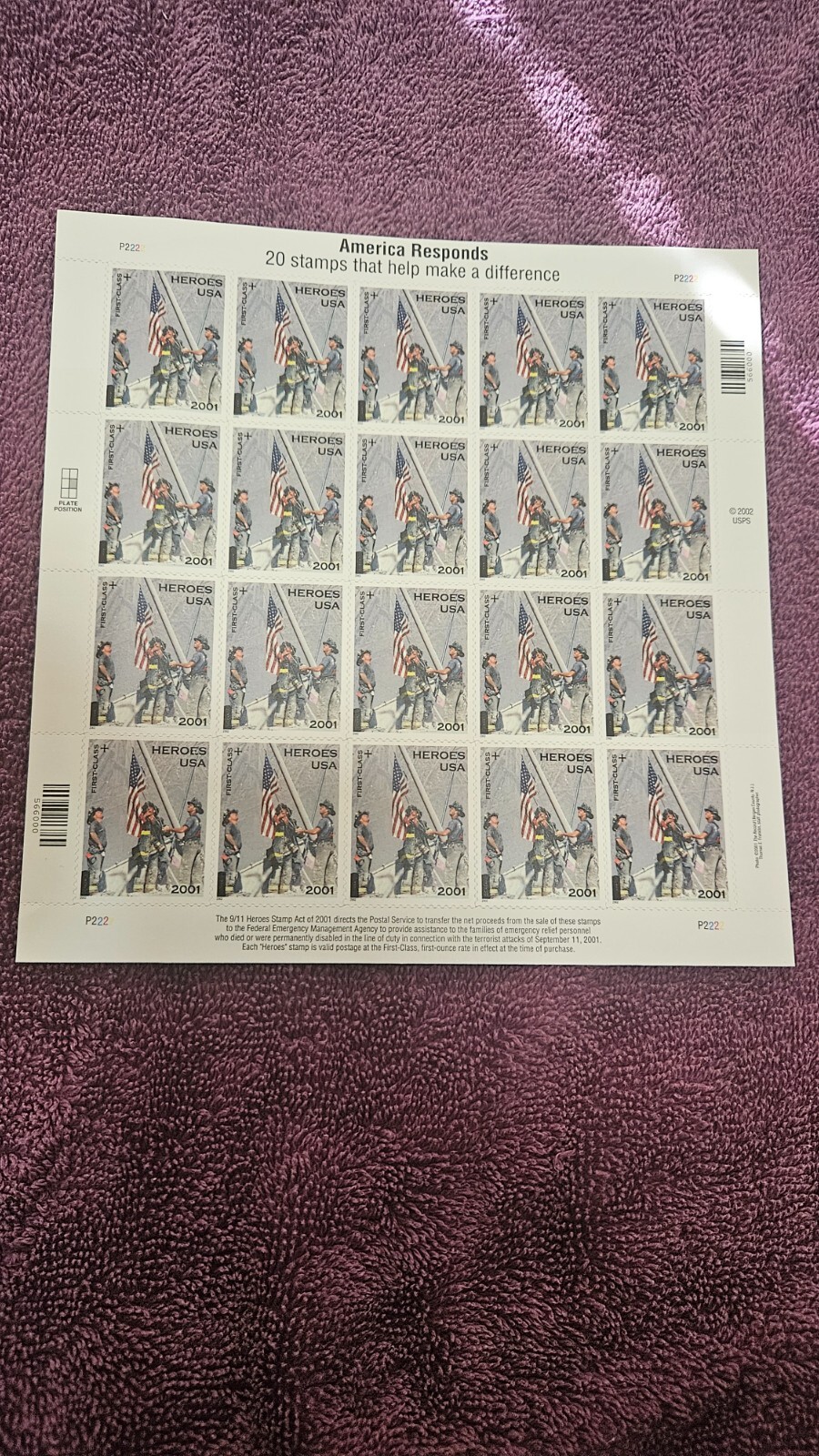AMERICA RESPONDS Sheet (20). 9/11 Heroes/Firefighters/NYFD Stamp. GEM 100