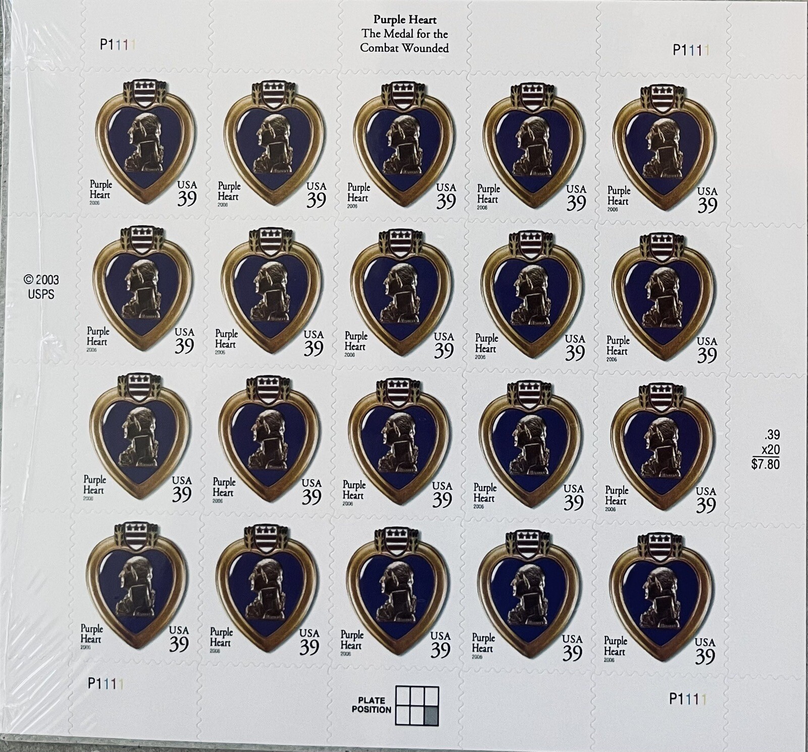 US SCOTT 4032 SHEET PANE OF 20 PURPLE HEART STAMPS 39 CENT FACE MNH FAST SHIP