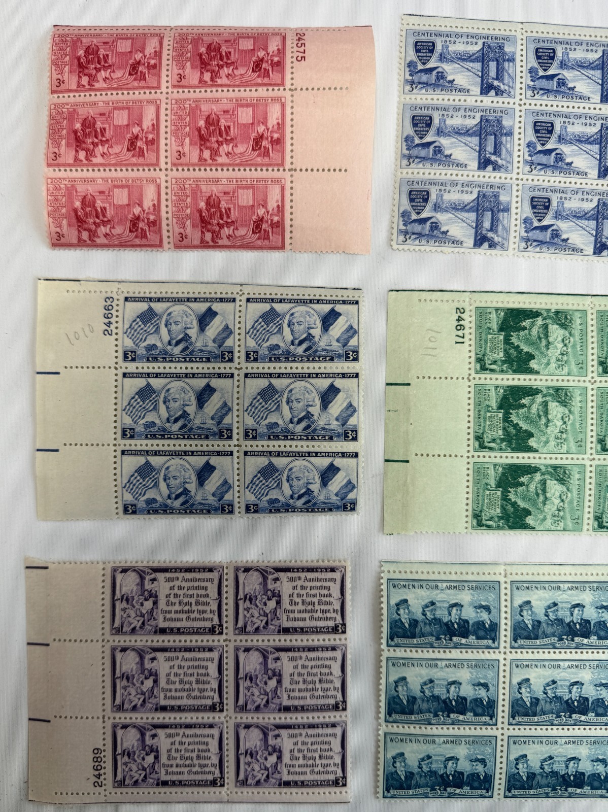 Vintage U.S. Commemorative MNH Plate Blocks Collection 54 Stamps 1952–1954