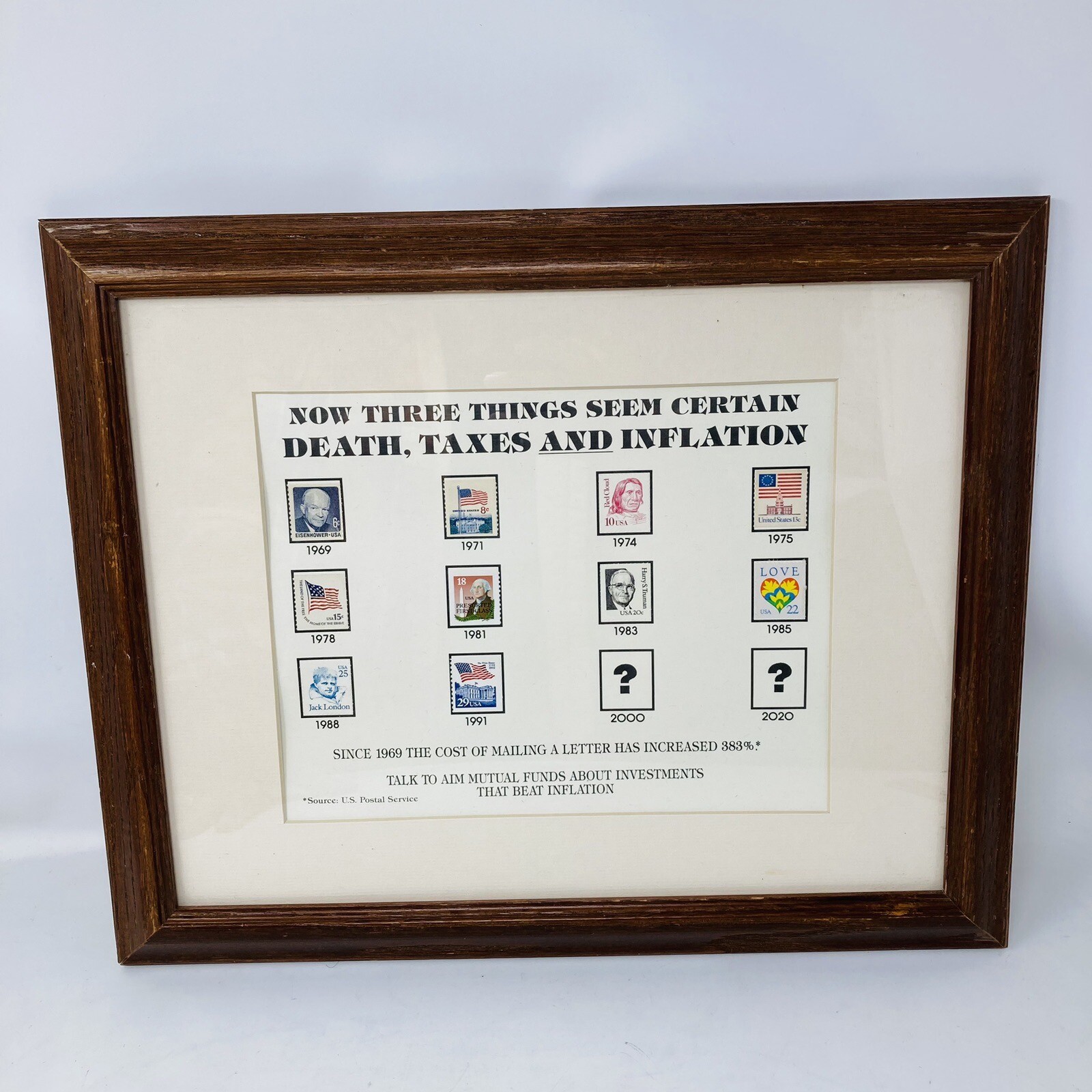 US Postage Stamps In Frame “Death, Taxes And Inflation” Stamps Thru The Years
