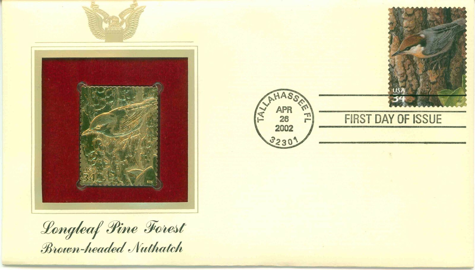 First Day Of Issue Apr 26 2002 Tallahassee FL 22kt Gold Replica Nuthatch