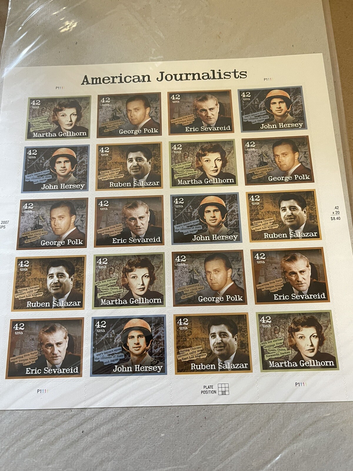 USPS POSTAGE STAMPS AMERICAN JOURNALISTS-SHEET OF (20) 42 CENT STAMPS MNH-2008
