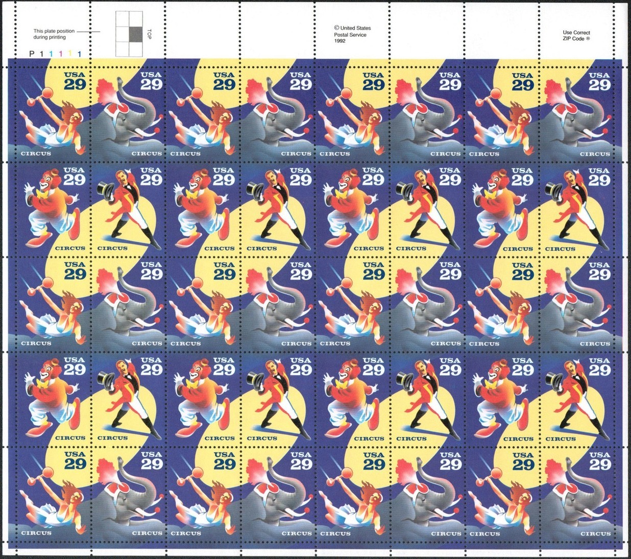 United States 29¢ Circus Postage Stamp #2750-53 Full Sheet