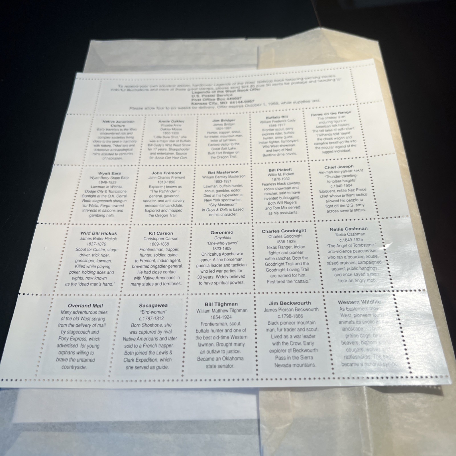 1993 Legends Of The West Stamp Sheet The Real Bill Pickett USPS Full Pane