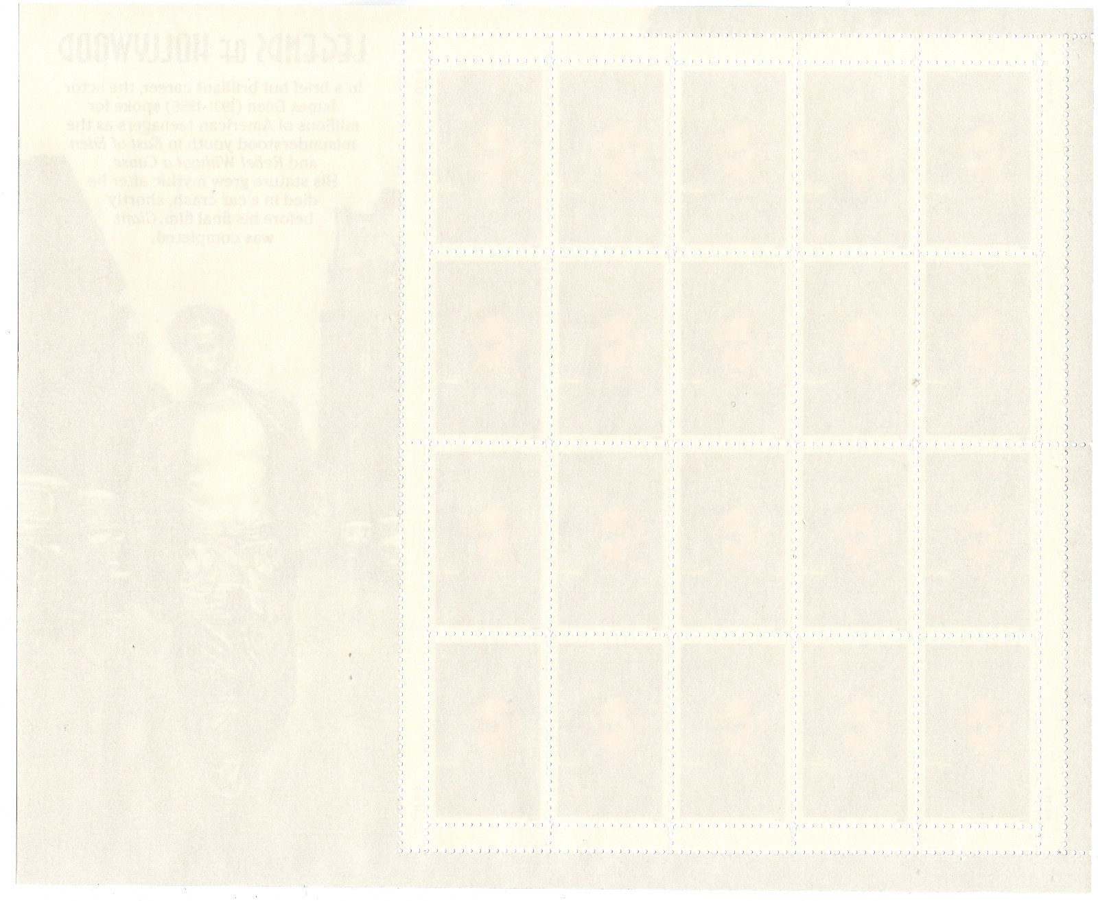 Scott #3082 Legends of Hollywood James Dean Pane of 20 32¢ Stamps 1996 NH, OG