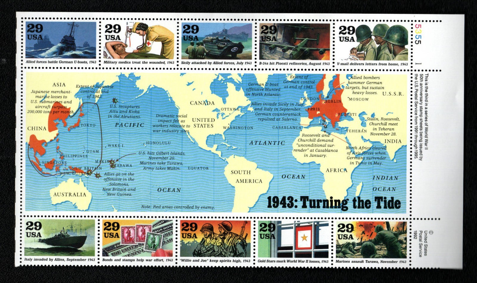 US Stamps- 29¢ 1943: Turning the Tide WWII – Numbered Plate Block of 10 stamps