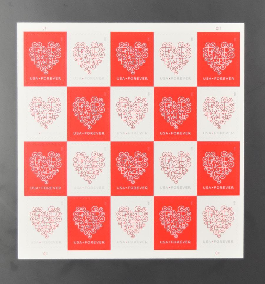 US SCOTT 4955 – 4956a PANE OF 20 LACY HEART FOREVER STAMPS MNH