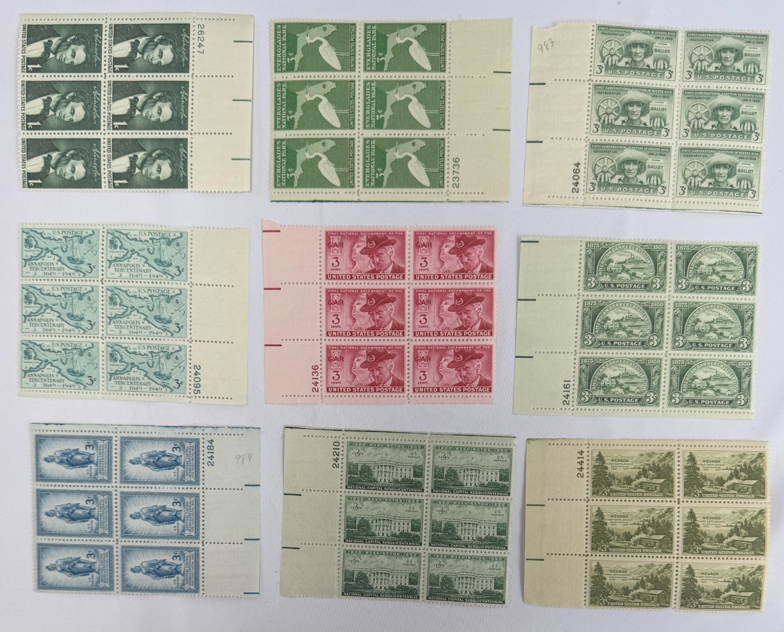 Vintage stamps Mint US Plate Blocks 1949 to 1950 MNH Commemorative