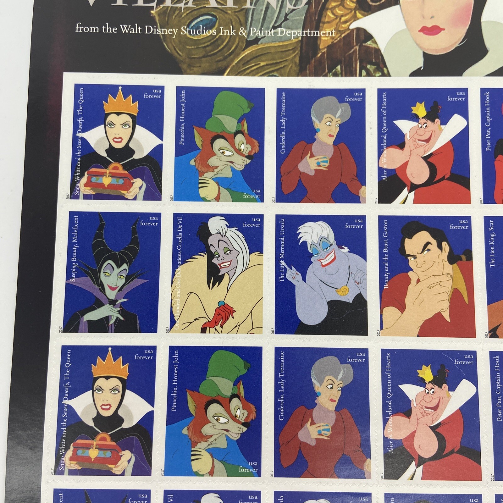 USPS Disney Villains Full Panel of 20 Stamps (1 Sheet) Ursula Scar Snow White