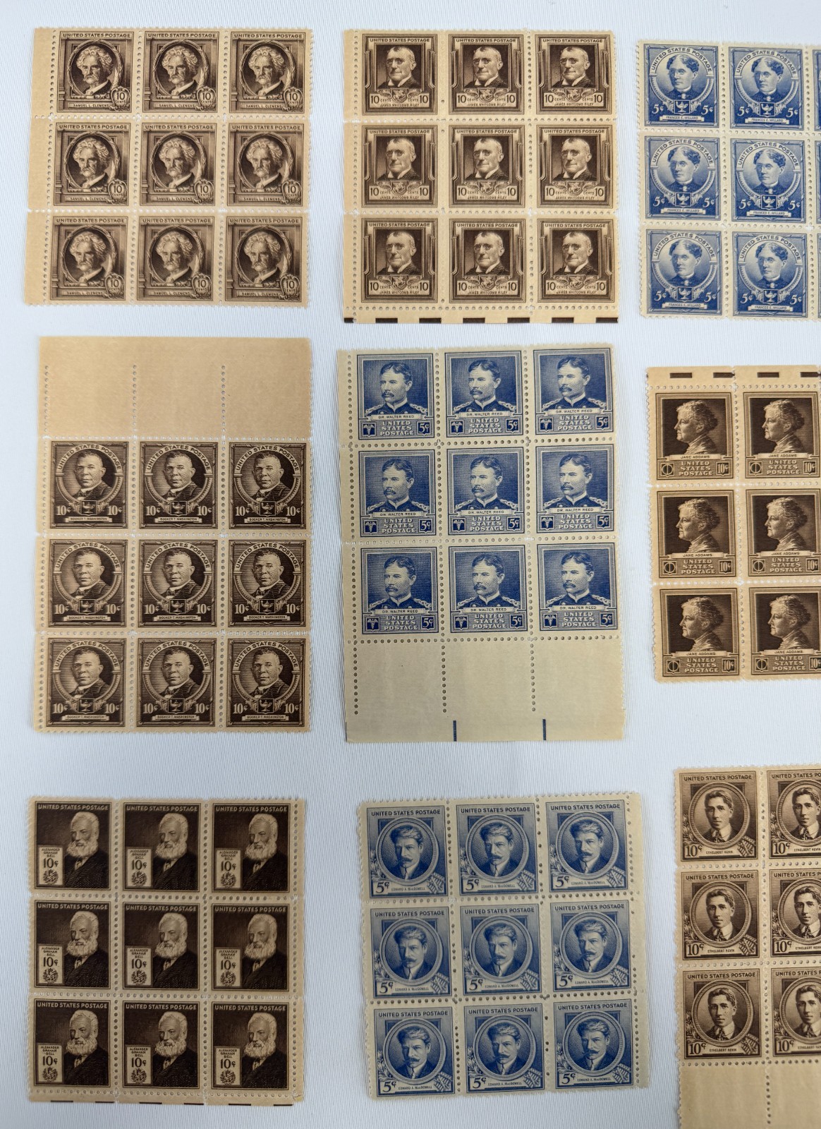 Lot of 9 Mint Never Hinged USPS Stamp Blocks 1940–1949 Famous Americans
