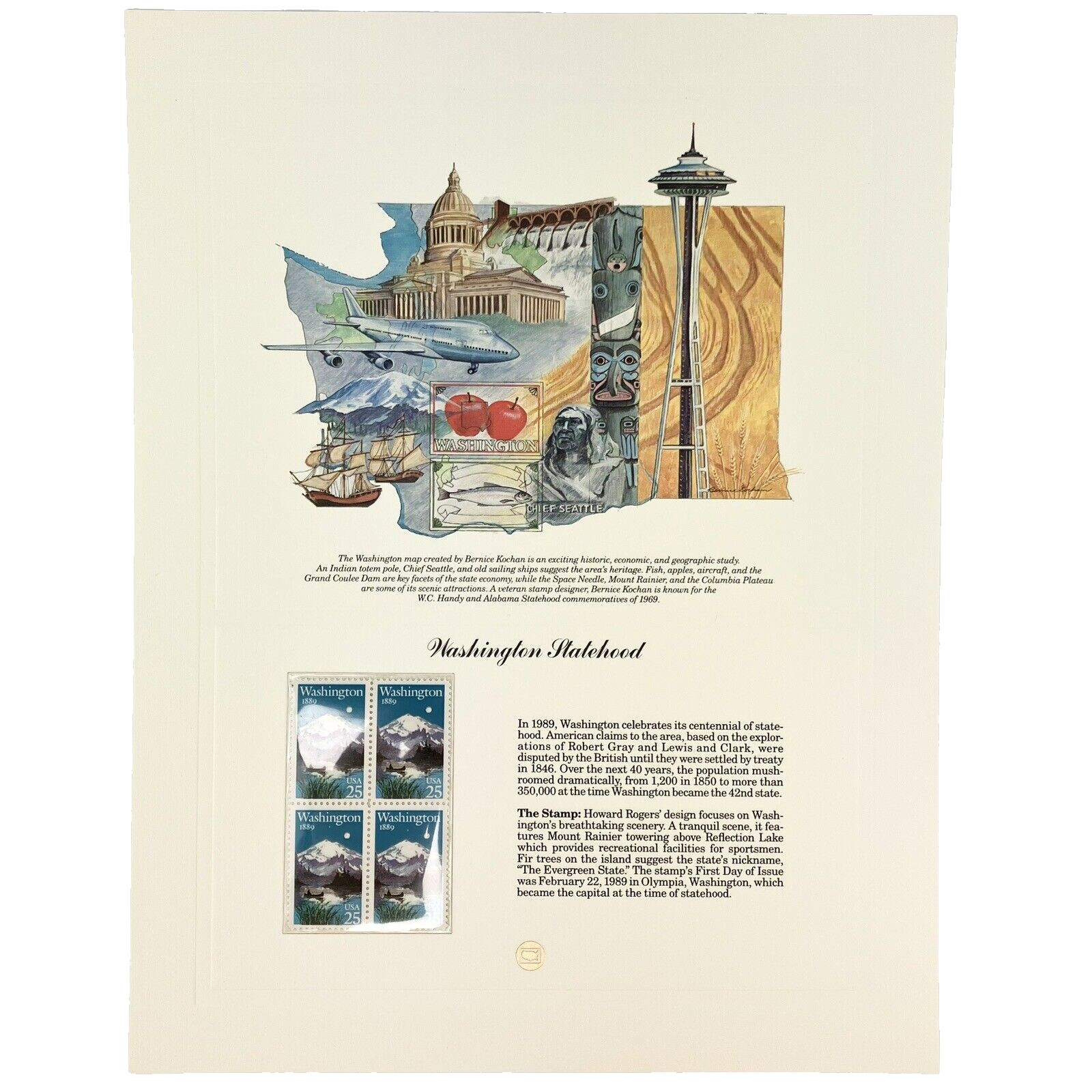 Bernice Kochan Washington Statehood Postage Stamp Art USPS Farmable Gift 1989