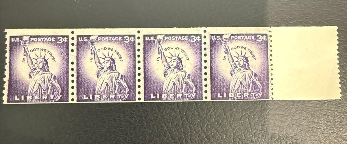 FOUR USPS Liberty 3 Cent Unused Connected Stamps From a Coil