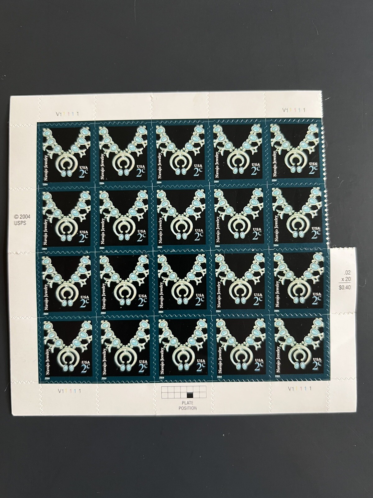 NATIVE ART US 2004 #3753 NAVAJO JEWELRY #V111111 20 – 2c STAMP SHEET