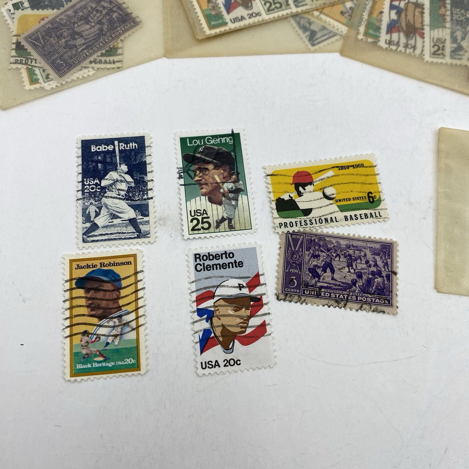 7 Lots Of 6 Vintage Baseball Stamps.Babe Ruth, J. Robinson, Clemente, Gehrig SEE