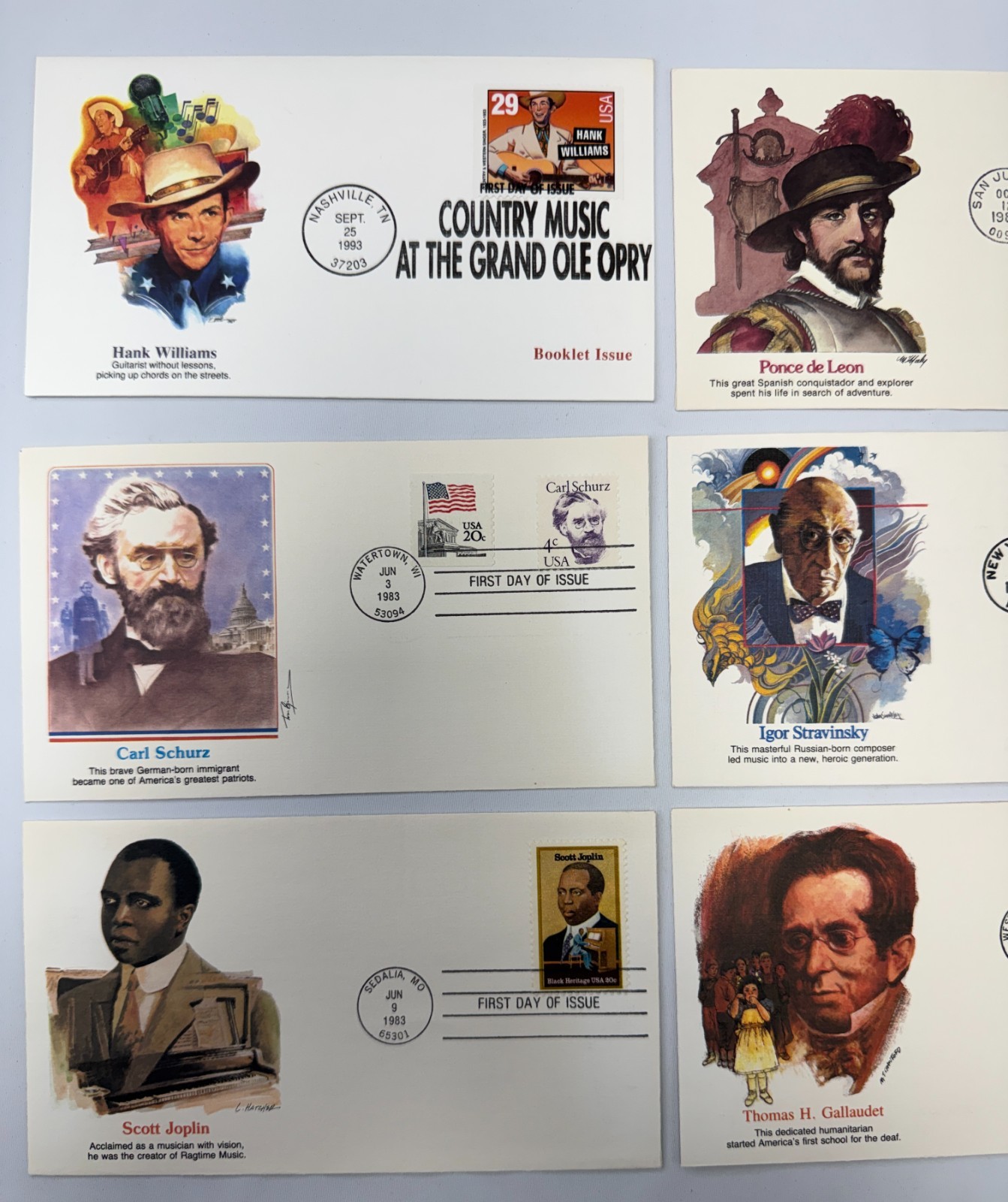 9 Fleetwood First Day Covers 1982 to 1993 Famous Americans, Music, Literature