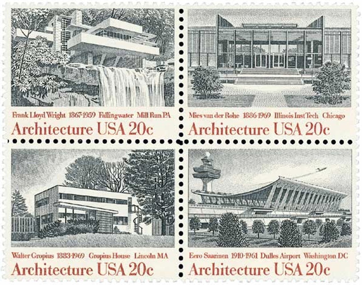 United States 20¢ American Architecture Postage Stamp #2019-22 x 100 singles