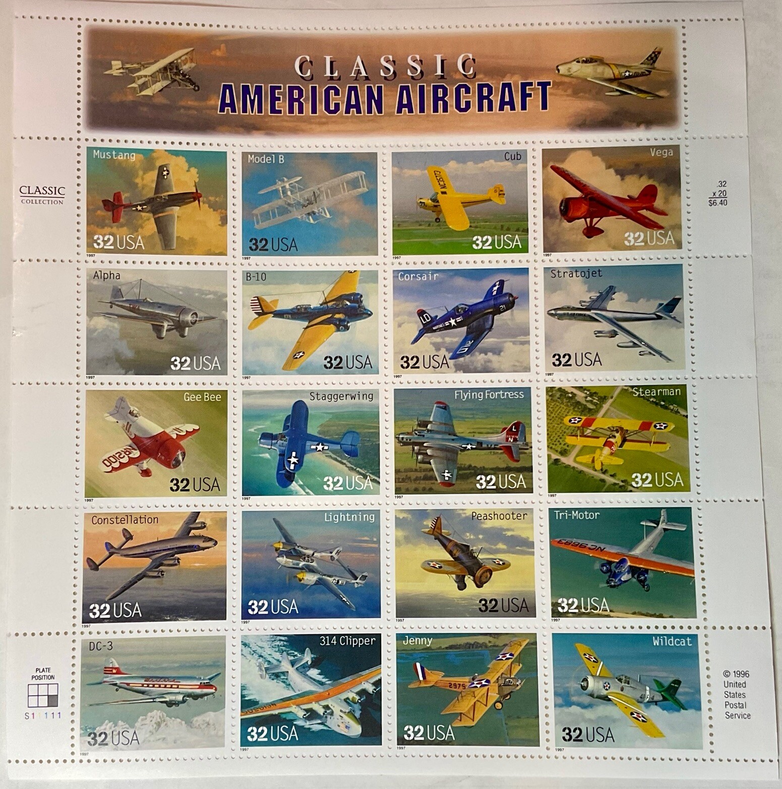 US Postage – Classic American AIRCRAFT All Different 32c 20 Different stamps MN