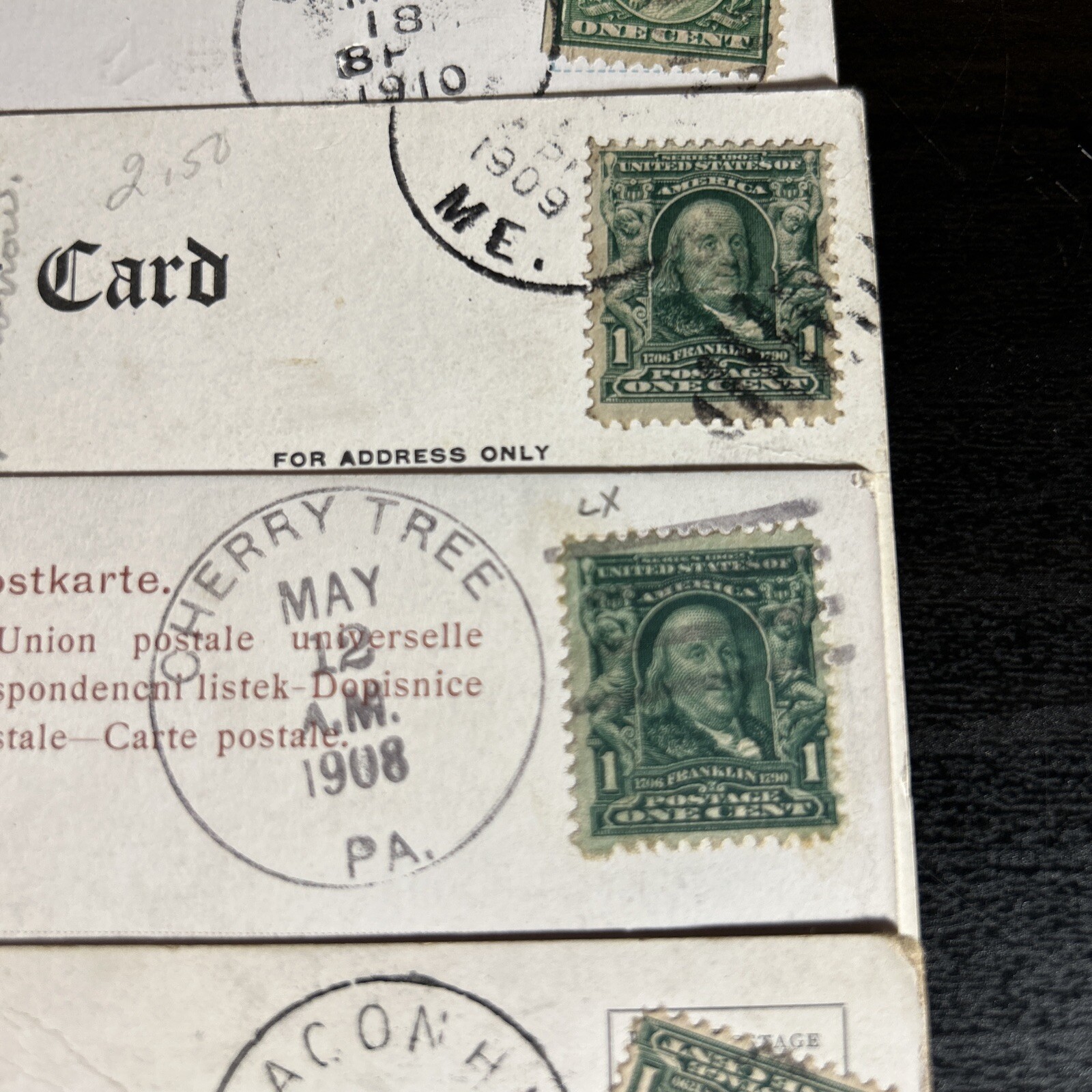 1 Cent Stamps Green Ben Franklin Stamp Postal Postmarked 1907-1910 Rare x 4