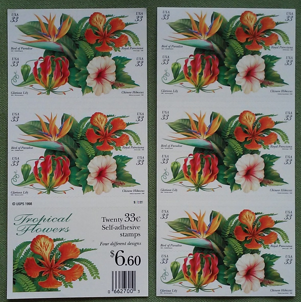 Two Booklets Panes x 20 = 40 of TROPICAL FLOWERS 33¢ US Postage Stamps 3310-3313