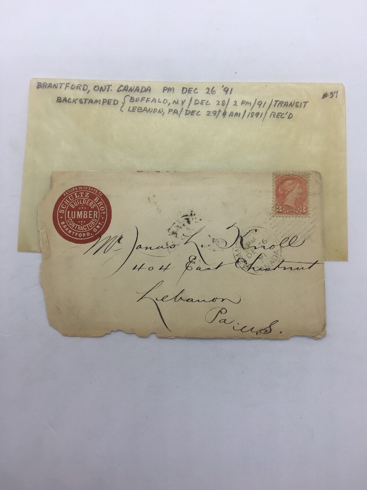 1891 3 Cent Stamp Envelope Janus L Knoll Lebanon PA Backstamped