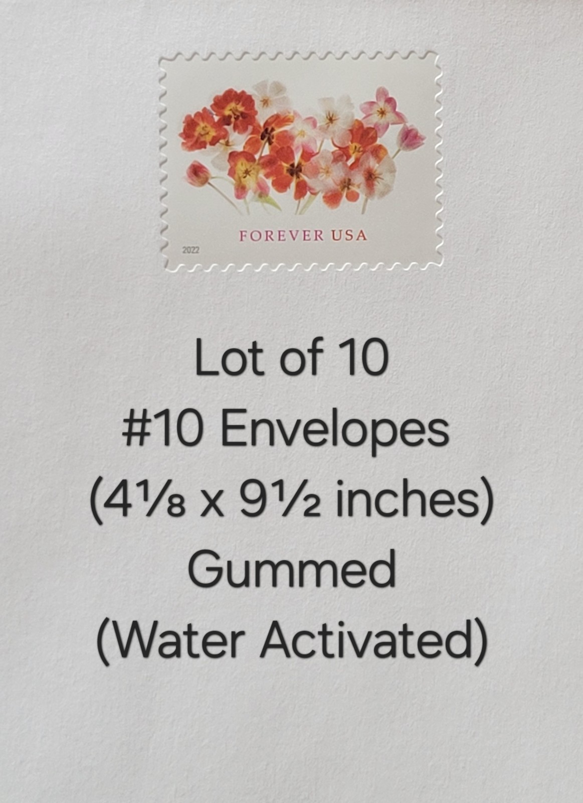 Lot of 10 Stamped Envelopes #10 (4⅛x9½) White Gummed with Forever Tulips #5681