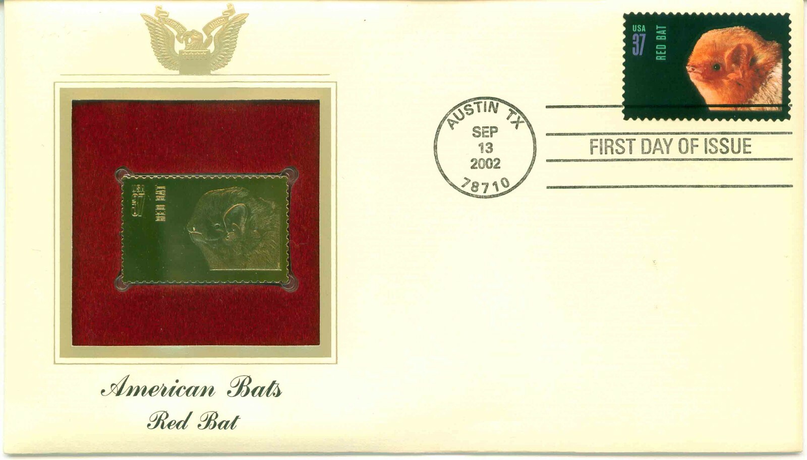 First Day Of Issue Sep 13 2002 Austin TX 22kt Gold Replica Red Bat