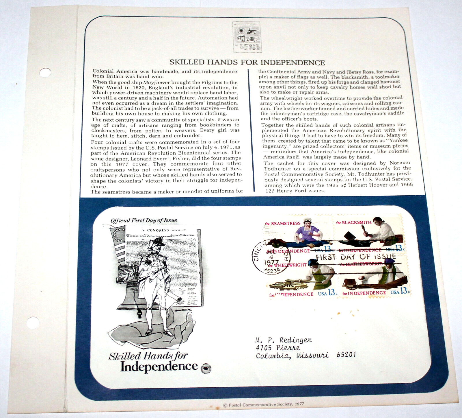 First Day of Issue Souvenir Page Skilled Hands for Independence 1977 Stamp