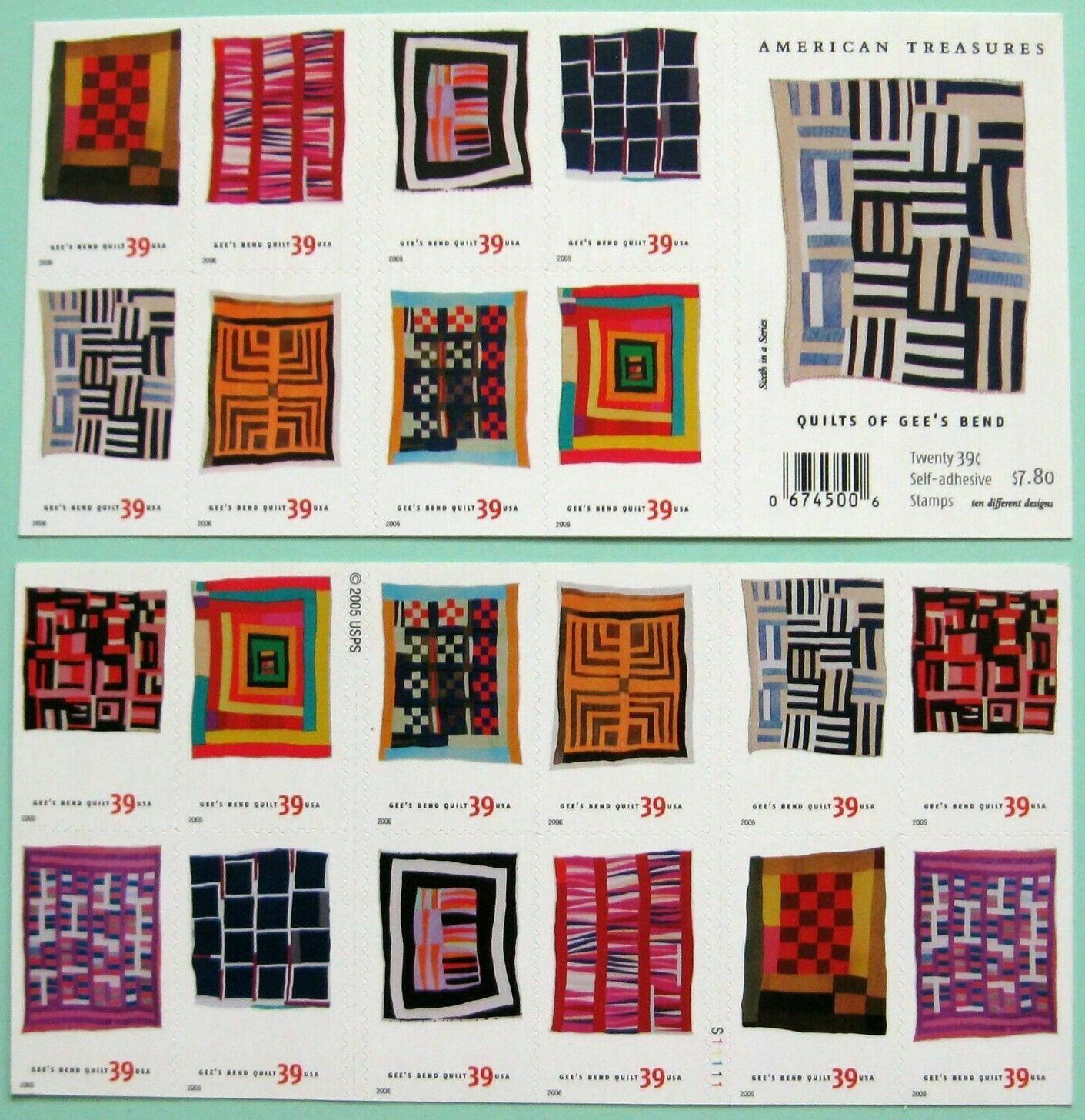 One (1) Booklet of 20 QUILTS OF GEE’S BEND 39¢ US Postage Stamps. Sc # 4089-4098