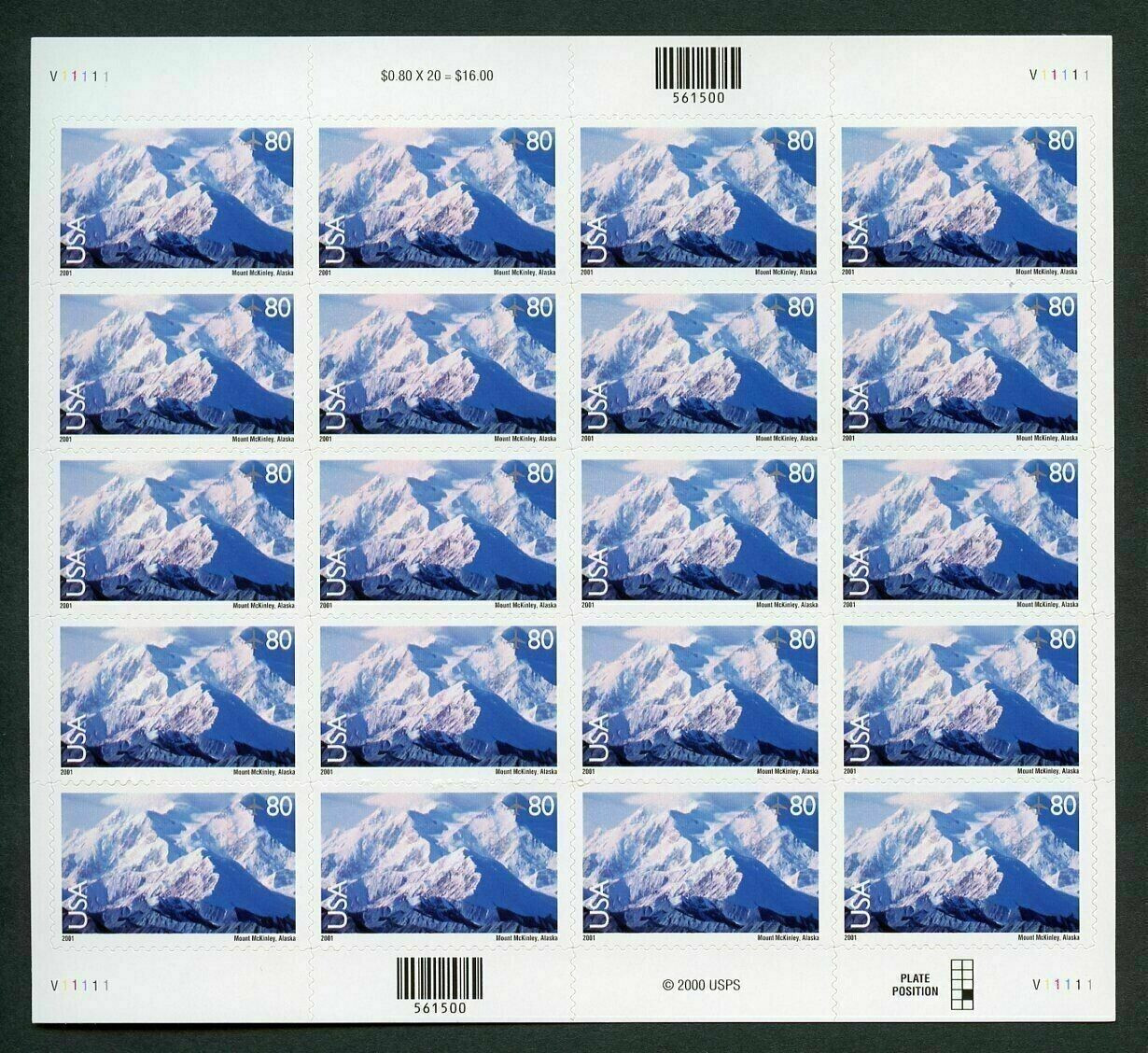 One Full Sheet x 20 of 80¢ Mount MT McKINLEY (Denali) US Stamps. USA Sc # C137
