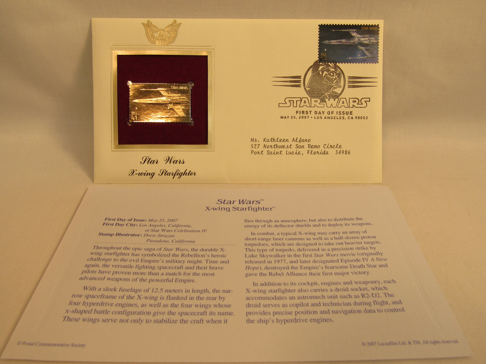 X-Wing Starfighter Star Wars Disney 22KT Gold Stamp 1st Day USPS