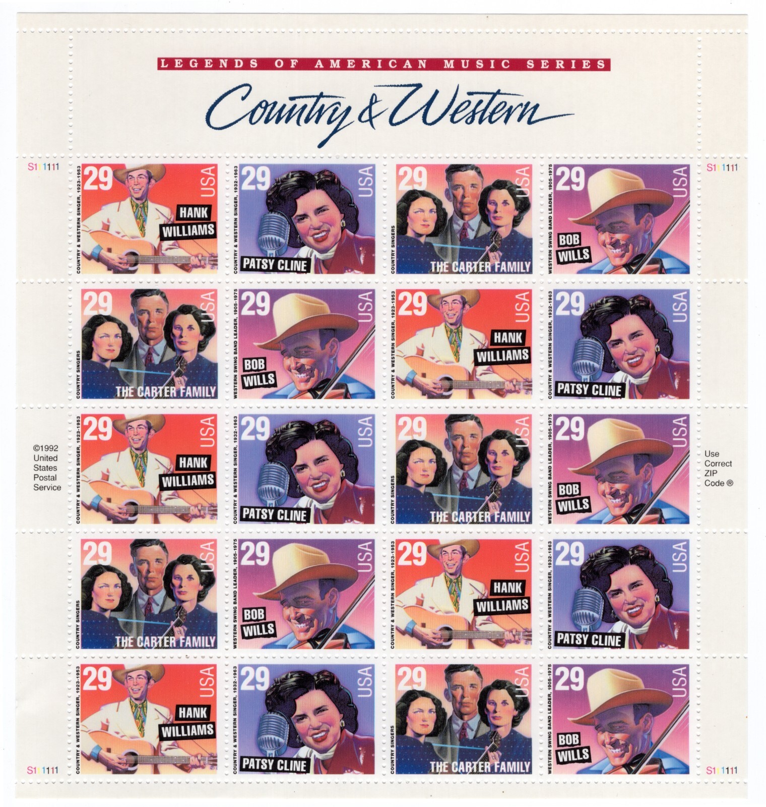 US 1993 SC 2771-2774 29c American Music Series Country & Western Sheet of 20 MNH