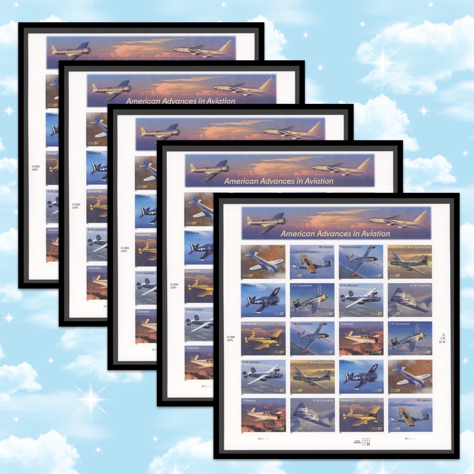 #3916 AMERICAN ADVANCES IN AVIATION – 5 SHEETS OF 20 = 100 37¢ STAMPS FV $37