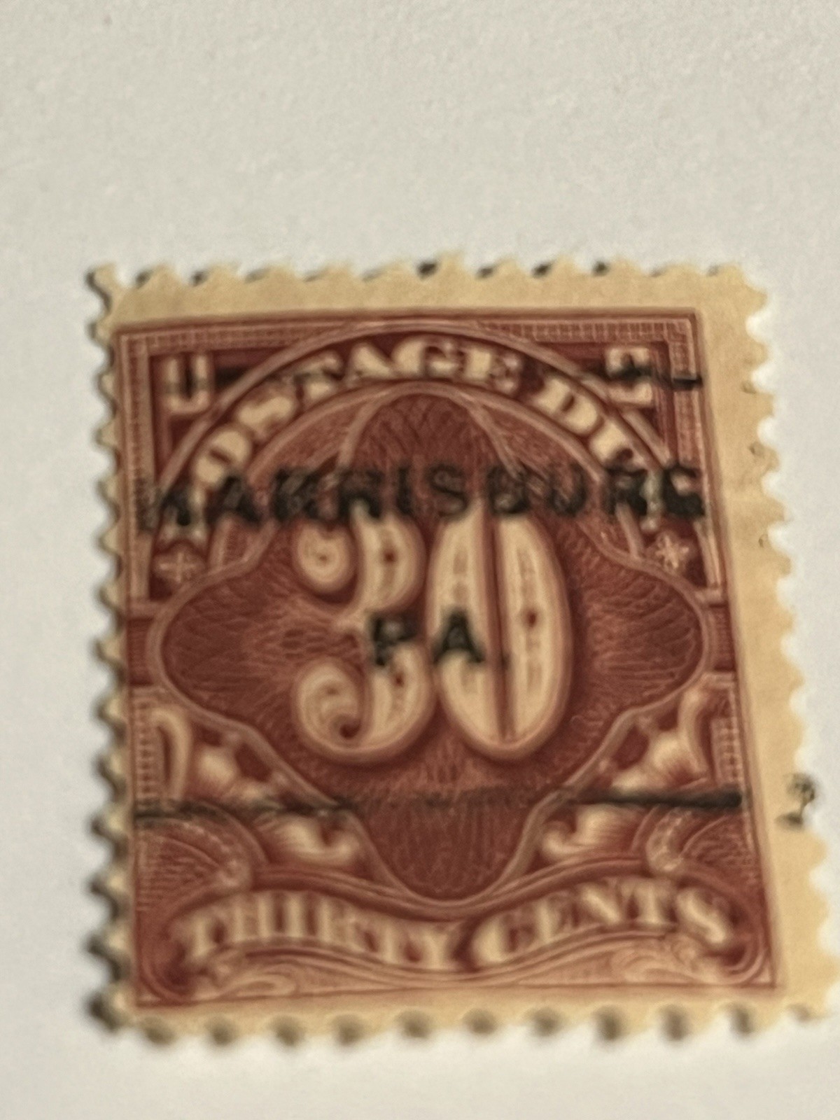 30 Cent Postage Due Stamp HINGED NO GLUE – HARRISBURG PA. PRE-CANCEL