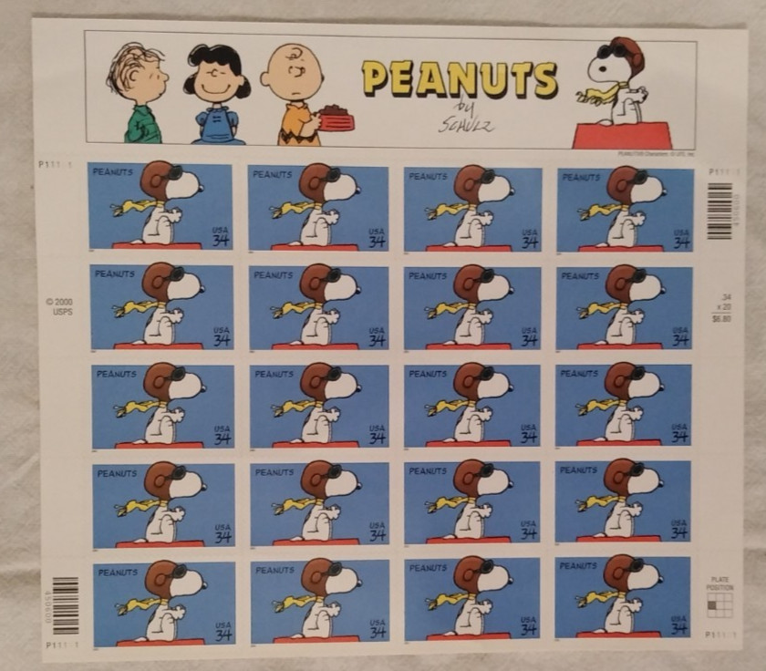 Vintage USPS Snoopy Flying Ace Sheet Postage $0.34 Stamps From 2000 Scott #3507