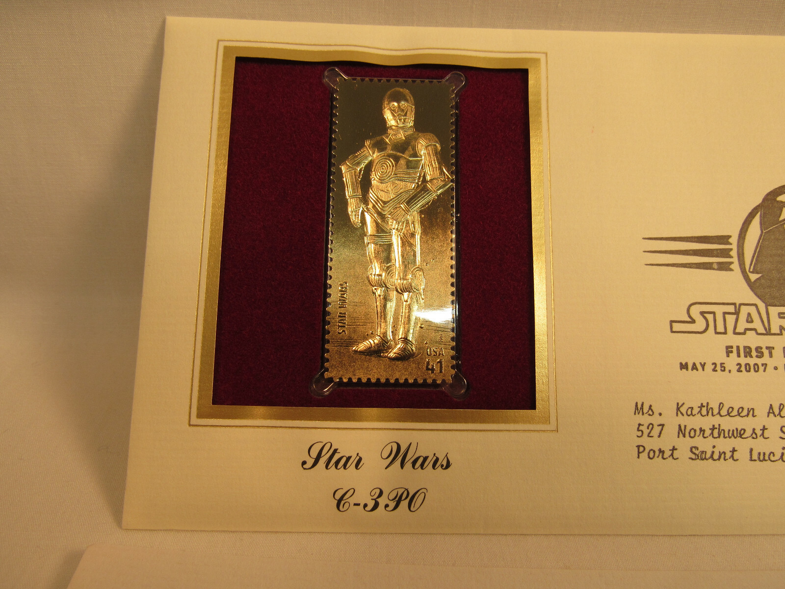 C-3PO Star Wars Disney 22KT Gold Stamp 1st Day USPS
