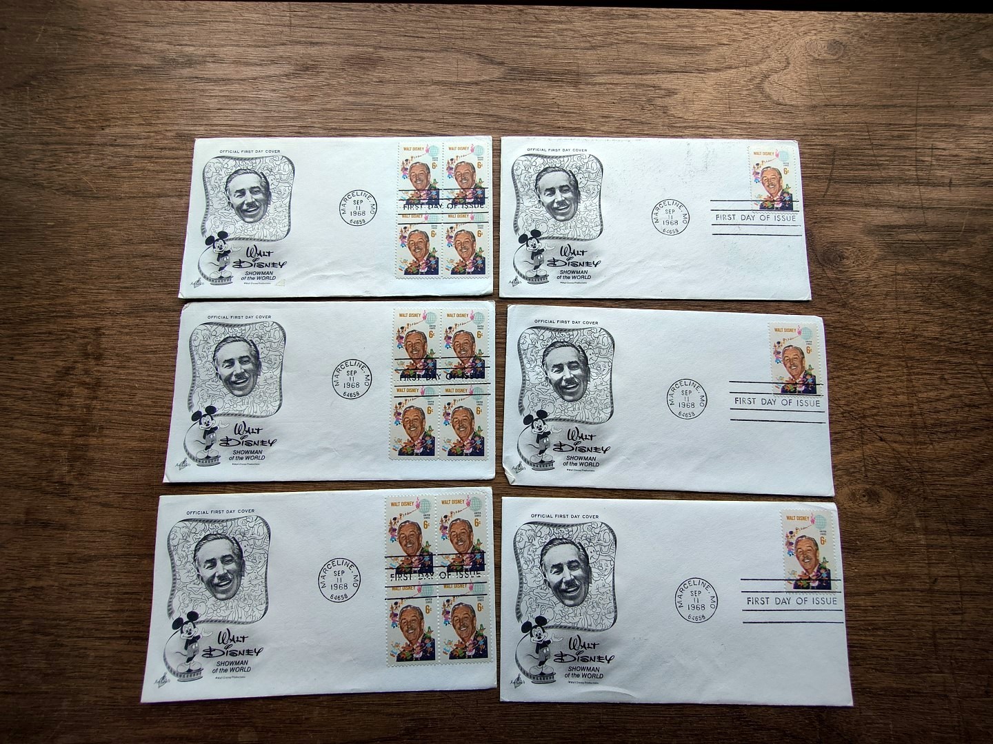Lot of 6 1968 FDCs: #1355 6c Walt Disney 3 block of 4s, 3 singles