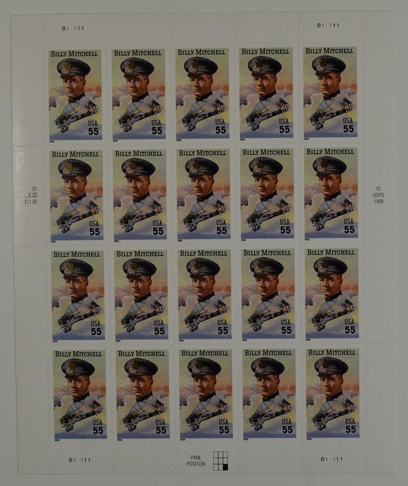 US SCOTT 3330 PANE OF 20 BILLY MITCHELL STAMPS 55 CENTS FACE MNH