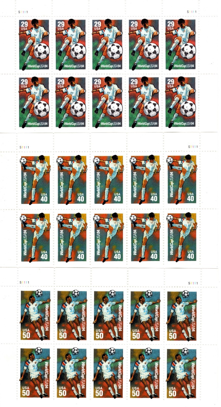 USA 1994 FIFA WORLD CUP THREE HALF SHEETS 30 STAMPS SCOTT 2834-2836 MNH