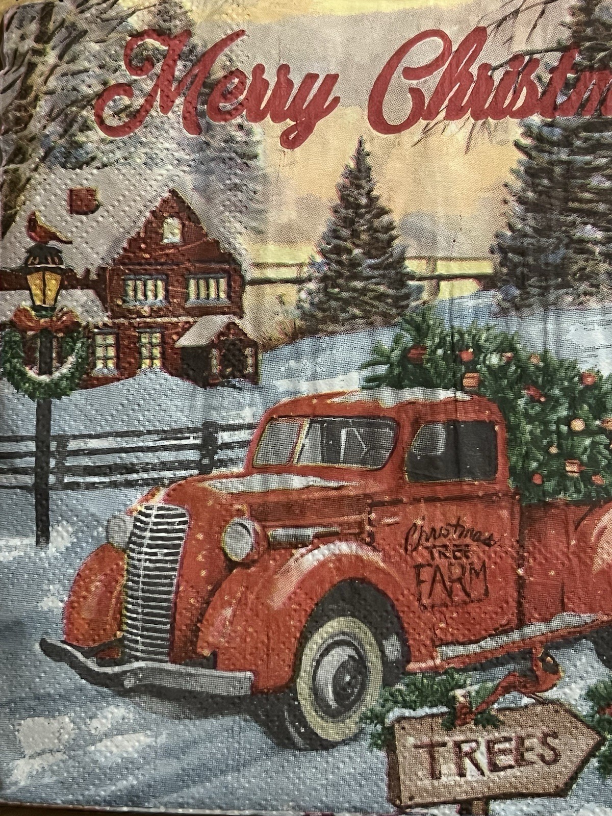 Two Paper Lunch Napkins Christmas tree Red Truck /snowman/farm Decoupage 6.5”