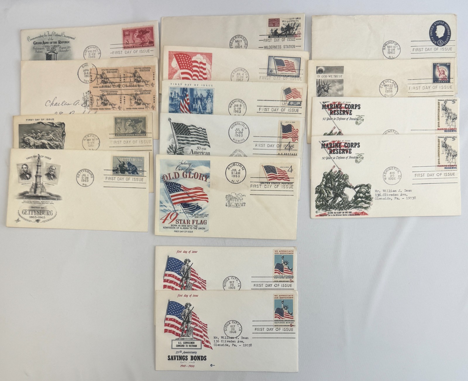 15 US First Day Covers FDC Lot Flags Americana Civil War Gettysburg Marine Corps