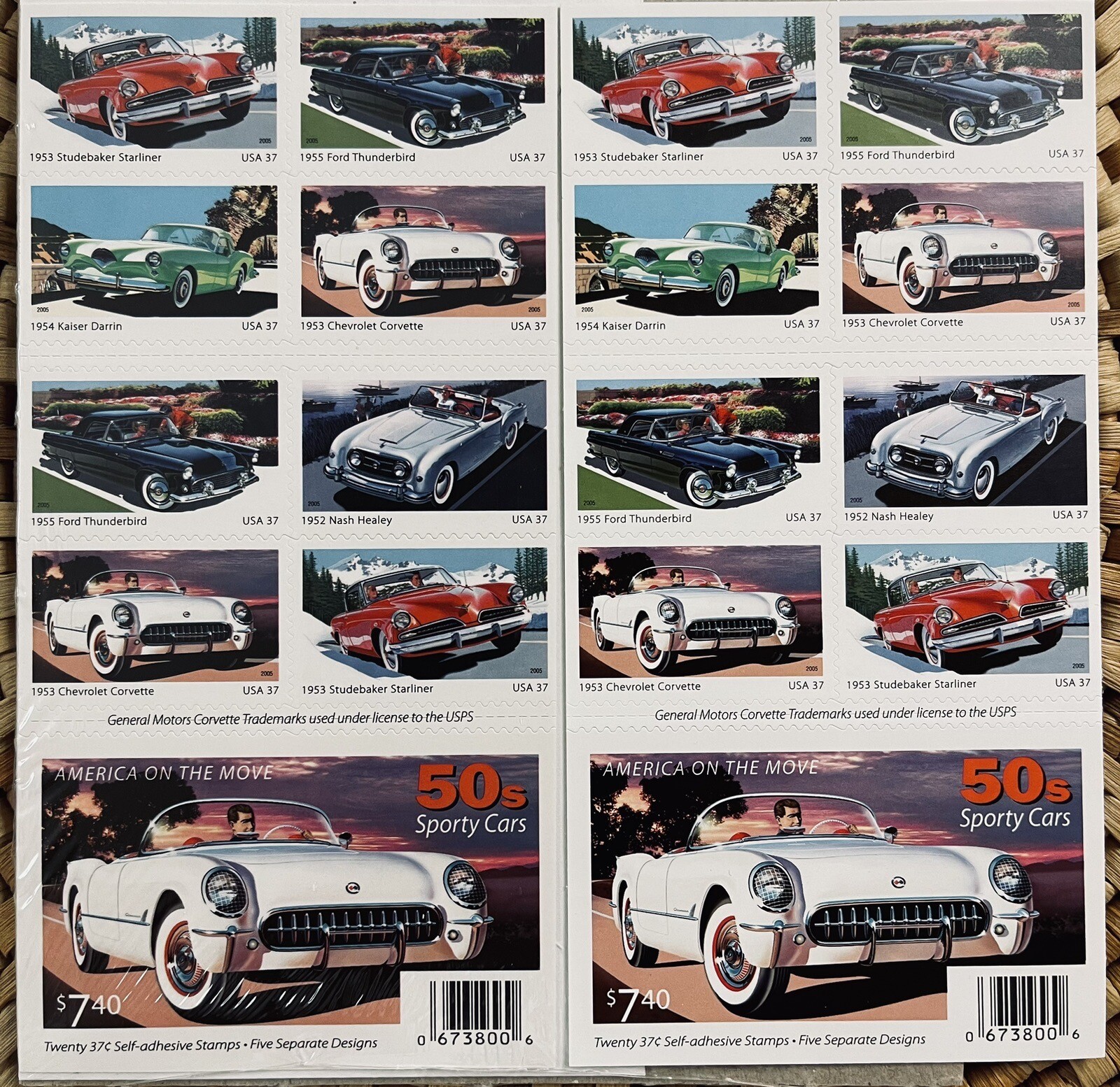 2005 US AMERICA ON THE MOVE 50’s SPORT CARS 2 PANES /BOOKLETS OF 20 STAMPS 37c