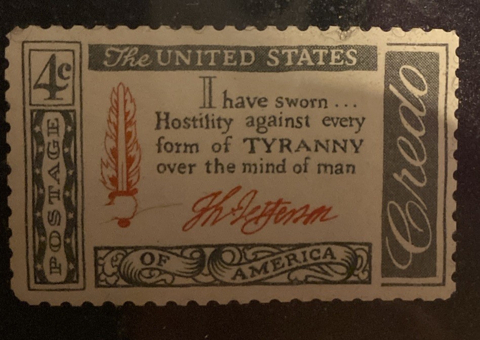 Thomas Jefferson 2c Red, 1c Green, 29c White, 4c Credo Stamp Framed
