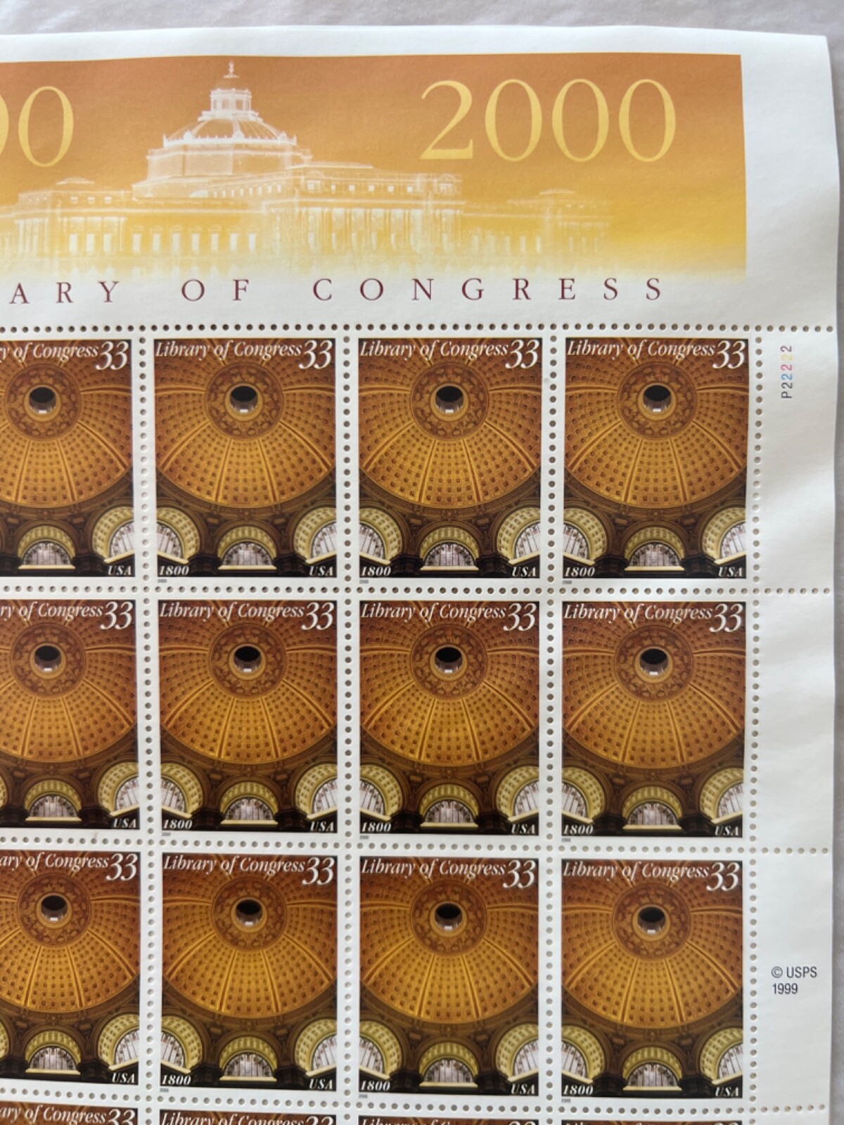 See Photos. US SCOTT 3390 PANE OF 20 LIBRARY OF CONGRESS 33 CENTS FACE MNH