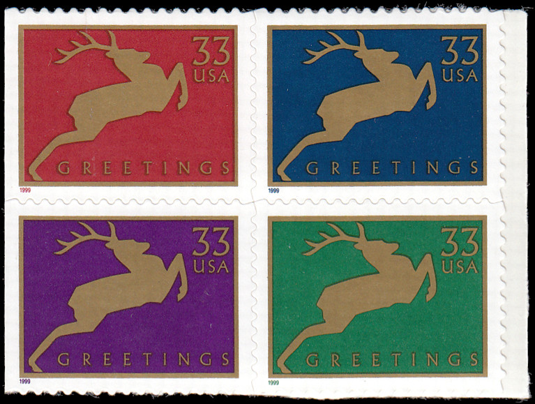 US Stamp #3360-63 – 1999 33c Christmas: Reindeer EzGrade™ VF MNH OG (Block of 4)